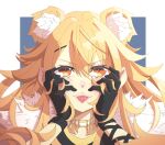  &gt;:) 1girl :3 animal_ear_fluff animal_ears black_gloves black_shirt blonde_hair blue_background blush border extra_ears eyebrows_visible_through_hair facing_viewer fur_trim gloves gold_trim hair_between_eyes hair_ornament hands_on_own_cheeks hands_on_own_face highres jewelry lion_ears lion_girl looking_at_viewer necklace orange_eyes portrait shinonome_ito shirt sidelocks slit_pupils solo tongue tongue_out tooth_necklace trebas v-shaped_eyebrows virtual_youtuber wactor_production white_border x_hair_ornament 