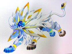  blue_sclera colored_sclera full_body highres izumi_asuka lion mane no_humans pokemon pokemon_(creature) pokemon_focus simple_background solgaleo solo tail 