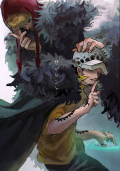  2boys black_hair black_pants blonde_hair commentary_request donquixote_rocinante earrings feather_boa fingernails hat highres index_finger_raised jewelry male_focus multiple_boys one_piece pants parted_lips red_hat shirt short_hair trafalgar_law uyunosora white_hat yellow_shirt 