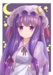  1girl bangs blush border closed_mouth crescent crescent_moon dress eyebrows_visible_through_hair hair_ornament hat ichima_(pixiv_29147205) long_hair looking_at_viewer mob_cap moon neck_ribbon patchouli_knowledge purple_hair red_ribbon ribbon sidelocks solo star_(symbol) star_hair_ornament star_print starry_background touhou upper_body very_long_hair violet_eyes white_border 