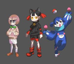  3girls :d absurdres bell black_hair blue_hair blue_mittens bob_cut bright_pupils brown_hair brown_sweater colored_sclera dancho_no_mori facial_mark glasses grey_background highres index_fingers_together jingle_bell juggling kneehighs litten long_sleeves lower_eyelashes_only mittens multicolored_hair multiple_girls neck_ruff open_mouth orange_shoes personification poke_ball poke_ball_(basic) pokemon popplio red_eyes red_hair round_eyewear rowlet shoes short_hair shorts simple_background smile socks starter_pokemon_trio striped_sleeves sweater twintails two-tone_hair whisker_markings white-framed_eyewear white_pupils white_shorts white_socks yellow_sclera 