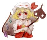  1girl ascot blonde_hair blush cropped_torso crystal expressionless flandre_scarlet hat hat_ribbon highres hiroshige_36 laevatein_(touhou) looking_at_viewer mob_cap puffy_short_sleeves puffy_sleeves red_eyes red_vest ribbon shirt short_sleeves skirt solo touhou upper_body vest wings 