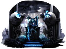  1girl absurdres black_coat black_necktie blue_eyes clouds coat commission dragon fantasy flower_bed high_heels highres holding holding_sword holding_weapon moon necktie original pile_of_skulls planted planted_sword sebakanken short_hair sitting_on_throne skull solo sword throne watermark weapon white_background wolf_cut 
