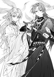  1boy 1girl alternate_costume alternate_hair_length alternate_hairstyle artist_request bird blunt_ends bracelet chinese_clothes closed_mouth clothing_request commission commissioner_insert couple crane_(animal) cropped_shirt expressionless eyelashes fingernails flower genshin_impact greyscale hair_flower hair_intakes hair_ornament hanfu hayami_momo_(hayamimomo) hetero highres holding holding_sheath holding_sword holding_weapon jewelry layered_sleeves long_hair long_skirt long_sleeves looking_at_viewer mandarin_collar mole mole_under_eye monochrome necklace oc_x_canon off_shoulder open_clothes open_shirt original parted_bangs sash scaramouche_(genshin_impact) second-party_source sheath shirt short_over_long_sleeves short_sleeves single_hair_intake skirt sleeves_past_fingers sleeves_past_wrists snake snake_on_shoulder sword tassel turtleneck turtleneck_shirt undershirt unsheathing very_long_hair weapon white_background wide_sleeves 