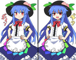  1girl apron black_hat blue_hair blue_skirt blush bow bowtie breasts center_frills closed_mouth commentary_request e.o. flat_chest frilled_skirt frills hands_on_own_hips hat hat_ornament highres hinanawi_tenshi leaf_hat_ornament long_hair looking_at_viewer multiple_views peach_hat_ornament puffy_short_sleeves puffy_sleeves rainbow_order red_bow red_bowtie red_eyes shirt short_sleeves skirt smile touhou translation_request very_long_hair waist_apron white_apron white_shirt 