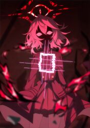  1girl aura blank_eyes blue_archive broken_halo buttons chinese_commentary coat commentary_request dark_aura dark_background dusk_ming expressionless glowing halo highres hoshino_(blue_archive) hoshino_terror_(blue_archive) medium_hair no_pupils pink_hair pink_halo skirt solo spoilers 