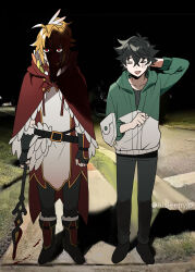  2boys absurdres black_sky blonde_hair boots brown_hair cape eyes_in_shadow face_in_shadow full_body glaring gloves hair_ornament highres hood hoodie iwatani_naofumi kitamura_motoyasu legendary_shield_(tate_no_yuusha_no_nariagari) luo_xuan_xing_wu_si_(spiral_tungsten_wire) male_focus meme multiple_boys night partially_shaded_face polearm ponytail shaded_face short_ponytail side-by-side sidewalk sky spear sweatdrop tate_no_yuusha_no_nariagari weapon why_dis_ninja_look_so_mad_(meme) wing_hair_ornament yari_no_yuusha_no_yarinaoshi 