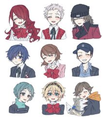  4girls 5boys ahoge aigis_(persona) amada_ken aqua_eyes aqua_hair aqua_shirt aragaki_shinjirou bandaid bandaid_on_face bandaid_on_forehead baseball_cap beanie black_hat black_hoodie black_jacket black_ribbon blonde_hair blue_eyes blue_hair blue_hat blue_shirt blush bow brown_hair buzz_cut choker closed_eyes closed_mouth cropped_shoulders dog everyone facial_hair facing_viewer flipped_hair gekkoukan_high_school_uniform goatee gold_hairband grey_dog grin hair_between_eyes hair_over_one_eye hairband hand_on_another's_head hat head_tilt headpat highres hood hoodie iori_junpei jacket jewelry kirijou_mitsuru koromaru_(persona) lapels long_hair looking_at_viewer medium_hair multiple_boys multiple_girls necklace open_clothes open_jacket open_mouth orange_hood persona persona_3 pink_sweater red_bow red_hair red_jacket red_vest ribbon sakizome1001 sanada_akihiko school_uniform shirt short_hair simple_background smile sweater takeba_yukari very_short_hair vest white_background white_choker white_hair white_shirt yamagishi_fuuka yuuki_makoto_(persona_3) 