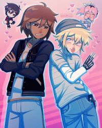  1girl 3boys alternate_costume alternate_hair_color alternate_hairstyle alternate_universe artist_name bike_shorts bike_shorts_under_shorts black_eyes black_gloves black_hair black_jacket black_shoes blonde_hair blue_eyes blue_shirt blue_shorts blush bright_pupils brown_hair chibi closed_eyes collarbone crossed_arms dark-skinned_male dark_skin denim ear_piercing emori_(shrimperini) face_piercing fingerless_gloves gloves hairband heart highres jacket jeans long_hair long_sleeves multicolored_hair multiple_boys nose_piercing nose_ring omori open_mouth pants parted_lips piercing pink_hair ponytail shirt shoes short_hair shorts sidelocks smile sneakers something_(omori) t-shirt tongue tongue_out two-tone_hair v white_pupils yellow_hairband zoewillowz 