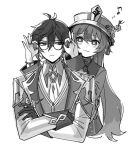  1boy 1girl :3 bangs bead_bracelet beads bespectacled bracelet closed_mouth coat crossed_arms earrings flower flower-shaped_pupils genshin_impact glasses gloves greyscale gyoju_(only_arme_nim) hair_between_eyes hat hat_flower hu_tao_(genshin_impact) jewelry long_hair low_twintails monochrome multiple_rings musical_note ring simple_background single_earring sketch symbol-shaped_pupils tassel twintails very_long_hair zhongli_(genshin_impact) 