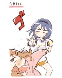  2girls black_hairband blank_eyes blue_hair blush_stickers braid brown_hair closed_mouth controller cropped_legs fang furutani_himawari game_controller hair_ornament hairband hairclip hashtag-only_commentary highres holding holding_controller holding_game_controller joy-con multiple_girls namori oomuro_sakurako open_mouth orange_shorts parallel_hairclips punching shirt short_hair short_sleeves shorts simple_background tongue tongue_out twin_braids v-shaped_eyebrows white_background white_shirt yuruyuri 