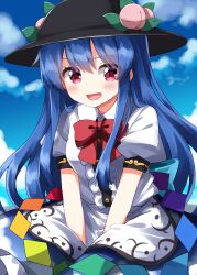  1girl :d apron black_hat blue_hair blue_skirt blue_sky blush bow bowtie center_frills clouds collared_shirt commentary_request cowboy_shot day frilled_skirt frills hat highres hinanawi_tenshi long_hair looking_at_viewer open_mouth outdoors peach_hat_ornament red_bow red_bowtie red_eyes ruu_(tksymkw) shirt short_sleeves skirt sky smile solo touhou waist_apron white_apron white_shirt 