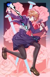  1girl aura blue_jacket blue_skirt breasts brown_eyes brown_hair brown_shoes claw_hammer commentary cursed_energy_(jujutsu_kaisen) floral_background flower full_body gakuran gradient_background hammer high_collar highres holding holding_hammer holding_nail jacket jujutsu_kaisen jujutsu_tech_uniform kugisaki_nobara long_sleeves looking_at_viewer nail_(hardware) open_clothes open_jacket pantyhose radiostarkiller school_uniform shirt shoes short_hair skirt small_breasts solo swept_bangs symbol-only_commentary 