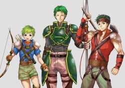  3boys armor axe bow_(weapon) boyd_(fire_emblem) brothers closed_eyes commentary_request fire_emblem fire_emblem:_path_of_radiance green_eyes green_hair grey_background highres holding holding_axe holding_bow_(weapon) holding_polearm holding_weapon male_focus mononoke_(pixiv53597254) multiple_boys oscar_(fire_emblem) polearm rolf_(fire_emblem) short_hair shorts siblings simple_background weapon 