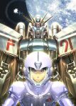  1boy bangs blue_eyes blue_hair commentary f91_gundam flower glowing glowing_eyes gundam gundam_f91 helmet looking_at_viewer male_focus mecha mobile_suit moon pilot_suit science_fiction seabook_arno signature solo space totthii0081 upper_body v-fin white_flower 
