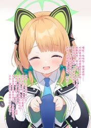  1girl :d ^_^ absurdres animal_ear_headphones animal_ears artist_name black_jacket black_shorts black_tail blonde_hair blue_archive blue_necktie blunt_bangs blush bow buttons cat_ear_headphones cat_ears cat_tail chinese_commentary chinese_text closed_eyes clothes_grab collared_shirt commentary_request cowboy_shot dated facing_viewer fake_animal_ears fake_tail gradient_background green_bow green_halo green_jacket hair_bow halo headphones highres jacket long_sleeves low-tied_sidelocks midori_(blue_archive) multicolored_jacket necktie necktie_grab neckwear_grab open_clothes open_jacket open_mouth parted_bangs pov shirt shorts sidelocks signature simplified_chinese_text smile solo_focus tail tears translation_request two-sided_fabric two-sided_jacket unbuttoned untucked_shirt white_background white_jacket white_shirt wide_sleeves zcx 