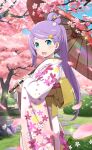  1girl alternate_costume alternate_hairstyle anastasia_hoshin aqua_eyes blush cherry_blossoms day hair_bun hair_ornament hair_stick highres holding holding_umbrella japanese_clothes kimono long_sleeves looking_at_viewer official_art open_mouth outdoors petals pink_kimono ponytail print_kimono re:zero_kara_hajimeru_isekai_seikatsu red_umbrella single_hair_bun smile star_(symbol) star_hair_ornament umbrella wide_sleeves 