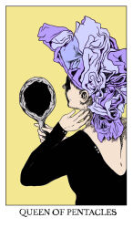  1girl backless_outfit black_shirt border card_(medium) color_contrast english_text from_behind hand_mirror headscarf highres hole jessica_hayworth long_sleeves looking_at_mirror minor_arcana_(tarot) mirror purple_headscarf shirt solo surreal tarot tarot_(medium) upper_body welcome_to_night_vale white_border yellow_background 