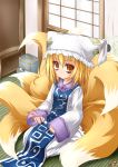  animal_ears blonde_hair cotton_swab fox_tail hat highres kazami_karasu kitsune mimikaki multiple_tails sitting solo surcoat tail touhou yakumo_ran yellow_eyes 