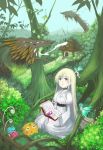  blonde_hair book choker dress fairy forest grass highres leaf long_hair looking_up monster nature original red_eyes sitting susuki susuki_(pixiv) tree white_dress 