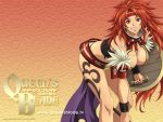  armor belt bent_over breasts cleavage earrings headband jewelry large_breasts listy long_hair official_art purple_eyes queen&#039;s_blade queen's_blade red_hair risty shield smile solo tattoo wallpaper 