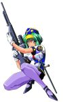  90s bangs belt breasts burn-up burn-up_excess gloves green_hair gun hairband hat headband highres jingu_maya legs official_art pantyhose police police_hat police_uniform policewoman purple_eyes purple_legwear rifle shirt shoes short_hair simple_background skirt smile sniper sniper_rifle solo tonfa uniform weapon 