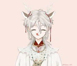  1boy :o aegyo_sal animal_ears bead_necklace beads chewing_gum chinese_clothes closed_eyes collar commentary_request deer_ears dragon_horns extra_ears fingernails grey_hair hair_between_eyes hanfu holding horn_ornament horn_ribbon horns jewelry kohanai_setsuna licking_lips long_hair_between_eyes long_sleeves luming_(shining_nikki) male_focus medium_hair necklace nikki_(series) open_mouth orange_background puffy_cheeks puffy_long_sleeves puffy_sleeves red_ribbon ribbon shining_nikki simple_background smile solo straight-on tongue tongue_out twitter_username upper_body white_collar white_hanfu white_horns yunjian 