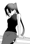  1girl absurdly_long_hair alternate_costume arm_support breasts greyscale hair_between_eyes higaragi highres kantai_collection large_breasts leaning_back long_hair monochrome nachi_(kancolle) pants shirt side_ponytail sleeveless sleeveless_shirt solo very_long_hair 
