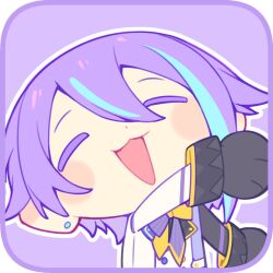  :3 arm_up black_gloves blue_streaks blush chibi closed_eyes diagonal-striped_clothes diagonal-striped_necktie earrings gloves jewelry kamishiro_rui multicolored_hair multicolored_necktie necktie open_mouth profile_picture project_sekai purple_background purple_hair single_earring streaked_hair striped_clothes two-tone_hair violet_eyes xiao_sui_shi_zhi_lang 