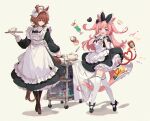  2girls agnes_digital_(umamusume) agnes_tachyon_(umamusume) ahoge alternate_costume animal_ears apron bangs beaker black_dress black_footwear boots bow brown_footwear brown_hair closed_mouth crossed_legs dress enmaided erlenmeyer_flask flask food full_body gloves hair_bow heart holding holding_tray horse_ears horse_girl horse_tail ketchup long_hair long_sleeves looking_at_viewer maid maid_apron maid_headdress mary_janes medium_hair milkshake multiple_girls omurice open_mouth petticoat pink_hair serving_cart shadow shoes simple_background smile standing tail teapot test_tube thigh-highs tray two_side_up umamusume welchino white_gloves white_legwear wrist_cuffs 