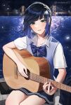  1girl absurdres bangs blue_hair blunt_bangs bob_cut bridge genshin_impact green_eyes guitar highres holding holding_instrument instrument looking_at_viewer night renberry river short_hair short_sleeves skirt yelan_(genshin_impact) 