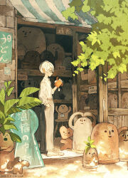  1boy absurdres commentary_request dated day from_side full_body grey_pants hand_in_pocket haniwa_(statue) highres holding holding_toy jimini_shijimi long_sleeves male_focus original outdoors pants plant price shirt shoes shop short_hair slice_of_life standing toy translation_request very_short_hair white-haired_man_(jimini_shijimi) white_hair white_shirt 