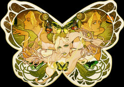  1girl absurdres birthmark black_background braid bug butterfly butterfly_on_hand chinese_commentary commentary_request cropped_torso cuffs double_bun ginsky2000 green_eyes green_lips hair_bun handcuffs highres joestar_birthmark jojo_no_kimyou_na_bouken kujo_jolyne looking_at_viewer multiple_views stone_ocean thumb_to_mouth twin_braids 