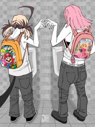  2girls backpack bag barbie_(franchise) black_tail brown_hair commentary facing_away from_behind full_body gigi_murin heart heart_hands heart_hands_duo highres hololive hololive_english indie_virtual_youtuber jasper_xandros labubu long_sleeves luigi male_underwear male_underwear_peek mario mori_calliope multicolored_hair multiple_girls orange_bag pants pink_bag pink_hair princess_peach shirt shoes short_hair short_twintails super_mario_bros. symbol-only_commentary toad_(mario) twintails two-tone_hair underwear urinal white_shirt 