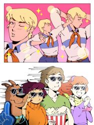  2boys 2girls animal_collar animal_ears ascot blonde_hair blue_eyes brown_hair collar collared_shirt daphne_blake denim dog dog_ears english_commentary facial_hair foam_finger food freckles fred_jones goatee_stubble green_scarf green_shirt grin headband heart highres jeans long_hair long_sleeves looking_at_viewer multiple_boys multiple_girls officeanomaly one_eye_closed orange_hair orange_sweater pants parted_lips popcorn purple_headband purple_shirt scarf scooby-doo scooby-doo_(character) shaggy_rogers shirt short_hair smile stubble sunglasses sweater teeth turtleneck turtleneck_sweater velma_dinkley white_shirt yellow_ascot 