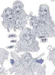  37_(reverse:1999) 5girls :/ :d :o ? ?? ^_^ adjusting_another&#039;s_hair ancient_greek_clothes arms_up bow braid braided_bangs closed_eyes cropped_torso english_text flutterpage greco-roman_clothes greyscale hair_bow hair_intakes hand_mirror hands_up high_collar highres holding holding_mirror holding_own_hair kim_8thhh kiperina long_hair looking_at_mirror mirror monochrome multiple_girls multiple_hair_bows multiple_views neckerchief reverse:1999 school_uniform short_hair smile soviet_school_uniform speech_bubble spoken_question_mark spoken_squiggle squiggle thought_bubble toga tying_another&#039;s_hair upper_body very_long_hair voyager_(reverse:1999) white_background willow_(reverse:1999) 