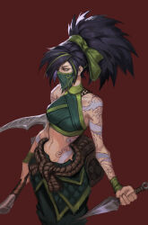  1girl absurdres akali arm_tattoo black_hair breasts brush_l eyeliner eyeshadow green_hair green_mask green_pants halterneck highres holding holding_kunai holding_scythe holding_weapon kunai league_of_legends long_hair looking_to_the_side makeup mask medium_breasts multicolored_hair navel pants ponytail red_background red_eyes rope_belt scythe simple_background solo streaked_hair tattoo weapon 