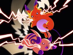  blue_eyes brown_eyes closed_mouth electricity fangs highres kuroosawaa looking_at_viewer mega_pokemon mega_raichu_x mega_raichu_y multiple_tails no_humans open_mouth orange_fur pokemon pokemon_(creature) pokemon_focus pokemon_legends:_z-a raichu smile tail very_long_ears very_long_tail yellow_fur 