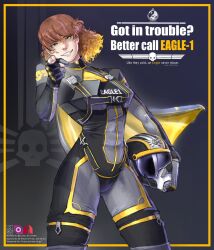  1girl armor black_gloves cape eagle_1_(helldivers) finger_gun foreshortening gloves helldivers_(series) helmet highres holding pilot_helmet pointing pointing_at_viewer propaganda short_hair za_bizz 