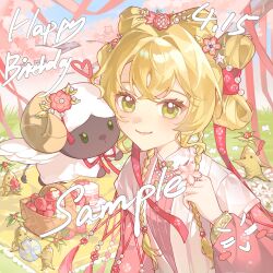  1girl absurdres blonde_hair blue_sky braid cake chinese_clothes closed_mouth flower food fruit ginseng grass green_eyes hair_flower hair_ornament hand_up hanfu happy_birthday highres looking_at_viewer low_twin_braids official_alternate_costume picnic_basket picnic_blanket pink_flower pink_hanfu reverse:1999 sample_watermark sheep shuangyaji sky smile solo sotheby sotheby_(the_red_thread_of_fate) strawberry strawberry_cake tree twin_braids upper_body watermark yuguang 