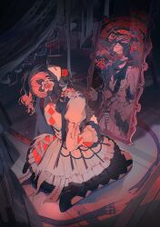  1other akiyama_mizuki bell_sleeves black_shoes blurry broken_mirror curtains depth_of_field different_reflection dress eye_mask flower frilled_dress frilled_sleeves frills hair_flower hair_ornament high_heels holding holding_flower indoors juliet_sleeves keikyoku_no_machi_wa_doko_e_(project_sekai) lace long_hair long_sleeves mask meiik_a mirror other_focus pink_hair project_sekai puffy_sleeves red_flower red_rose reflection ribbon rose shoes side_ponytail sitting solo white_dress 