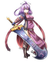  1girl ao_no_kiseki arm_guards artist_request breasts dress eiyuu_densetsu english_commentary fingerless_gloves full_body gloves hair_rings highres holding holding_sword holding_weapon huge_weapon large_breasts looking_at_viewer over-kneehighs purple_hair rixia_mao short_hair simple_background solo sword tachi-e thigh-highs violet_eyes weapon weight_gain white_background zero_no_kiseki 