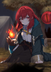  1girl black_pants blurry blurry_background book brown_gloves center_frills character_request closed_mouth collared_shirt commission copyright_request fire frills gloves grass highres jewelry log necklace pants red_eyes red_hair shirt single_glove sky slit_pupils solo star_(sky) starry_sky tent tree valefal_coneri white_shirt 