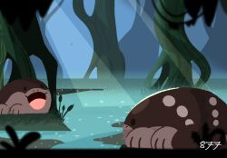  blurry blurry_foreground cattail clodsire commentary_request highres iltuki light_rays no_humans open_mouth outdoors plant pokemon pokemon_(creature) sunlight tree vines water wetland 