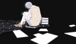  1boy absurdres bandaid bandaid_on_arm bandaid_on_leg blanket book book_stack curled_up from_behind full_body head_tilt highres lp_(sangkuranak) oldest_dream omniscient_reader&#039;s_viewpoint paper shirt short_hair shorts sitting solo star_(symbol) star_print vest white_hair white_shirt yellow_vest 