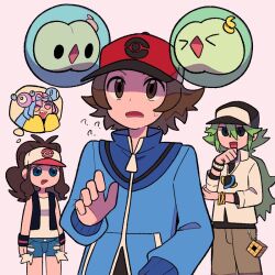  1girl 2boys :d ? alternate_color black_vest blue_eyes blue_jacket blue_shorts brown_eyes brown_hair brown_pants commentary exposed_pocket green_hair hat hilbert_(pokemon) hilda_(pokemon) iono_(pokemon) jacket long_hair multiple_boys n_(pokemon) open_clothes open_mouth open_vest pants pokemon pokemon_(creature) pokemon_bw pokemon_sv red_hat shiny_pokemon shirt shorts sidelocks smile solosis speech_bubble symbol-only_commentary thought_bubble tyako_089 undershirt vest white_shirt 