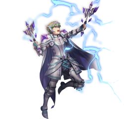  1boy armor artist_request asgard belt blue_belt blue_cape blue_gloves cape capelet couter crossed_belts cuirass cuisses dual_wielding fantasy fingerless_gloves full_armor full_body gem gloves greaves green_hair headpiece holding holding_weapon knight leg_up legs_apart lightning nexon official_art open_mouth pauldrons plate_armor poleyn purple_gemstone rerebrace sabaton second-party_source shoulder_armor silver_armor simple_background solo spade_(shape) sparkle tassets teeth tongue transparent_background two-sided_cape two-sided_fabric vambraces violet_eyes weapon weapon_request white_capelet 