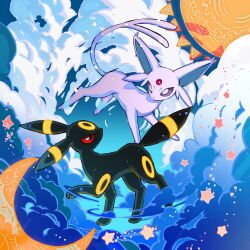  animal_focus artist_request clouds crescent_moon dot_nose espeon forehead_jewel forked_tail moon no_humans official_art pokemon pokemon_(creature) pokemon_focus pokemon_tcg pokemon_tcg_pocket star_(symbol) sun tail third-party_source umbreon 