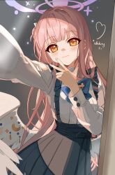  1girl absurdres alternate_costume ankry artist_name black_skirt blue_archive blue_bow blue_bowtie blunt_bangs blush bow bowtie casual chinese_commentary closed_mouth collared_shirt commentary_request cowboy_shot crescent_ornament feathered_wings fingernails frilled_suspenders frills full-length_mirror hair_bun hair_over_shoulder halo hand_up heart high-waist_skirt highres long_hair long_skirt long_sleeves looking_at_mirror looking_at_viewer low_wings mika_(blue_archive) mirror orange_eyes outstretched_arm pink_hair pink_halo pleated_skirt selfie shirt single_side_bun skirt smile solo sparkle straight_hair suspender_skirt suspenders v very_long_hair white_shirt white_wings wings 