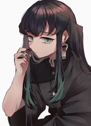  1boy aqua_eyes aqua_hair black_hair black_jacket borrowed_accessory buttons earrings gold_buttons gradient_hair hair_between_eyes hanafuda_earrings hand_up high_collar highres jacket jewelry kenpin kimetsu_no_yaiba long_hair looking_at_viewer male_focus multicolored_hair simple_background solo tokitou_muichirou two-tone_hair white_background 